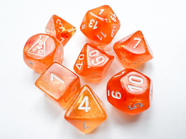 Chessex D7-Die Set Borealis Polyhedral Blood Orange/white Luminary 7-Die Set (with bonus die)- CHX30052