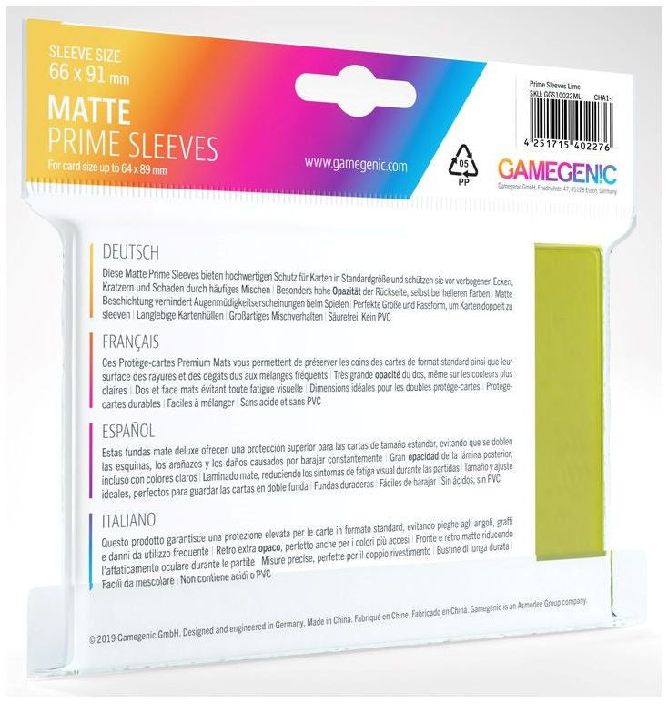 Gamegenic Matte Prime Card Sleeves Lime (66mm x 91mm) (100 Sleeves Per Pack)