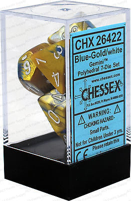 D7-Die Set Dice Gemini Polyhedral Blue-Gold/White (7 Dice in Display) - CHX 26422